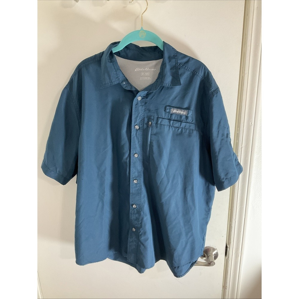 Eddie Bauer Shirt Mens XL Blue Short Sleeve Button Up Outdoor Fishing Polyester